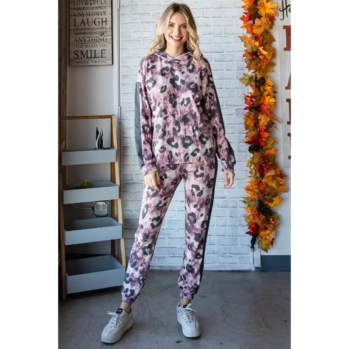 Animal Print Hoodie Top and Sweat Pants Set