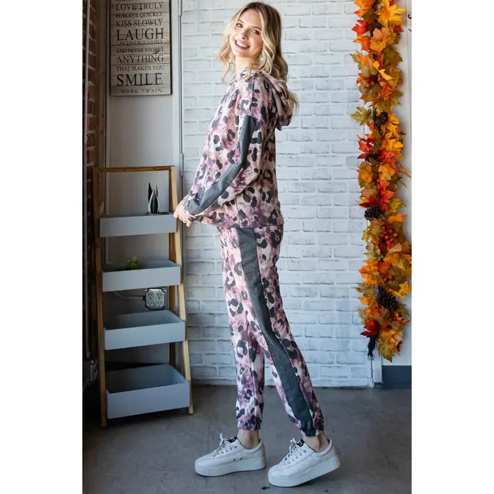 Animal Print Hoodie Top and Sweat Pants Set
