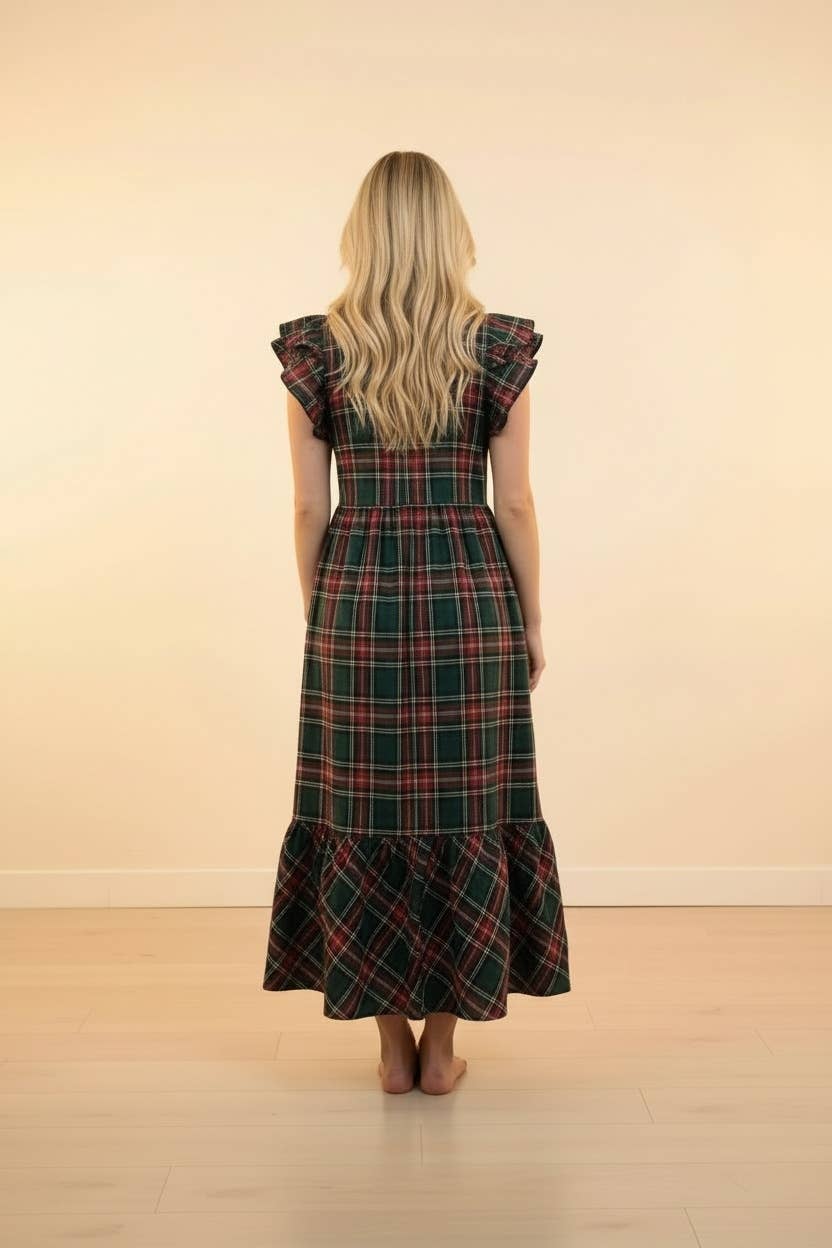 Plaid Ruffle Sleeve Tiered Midi Dress