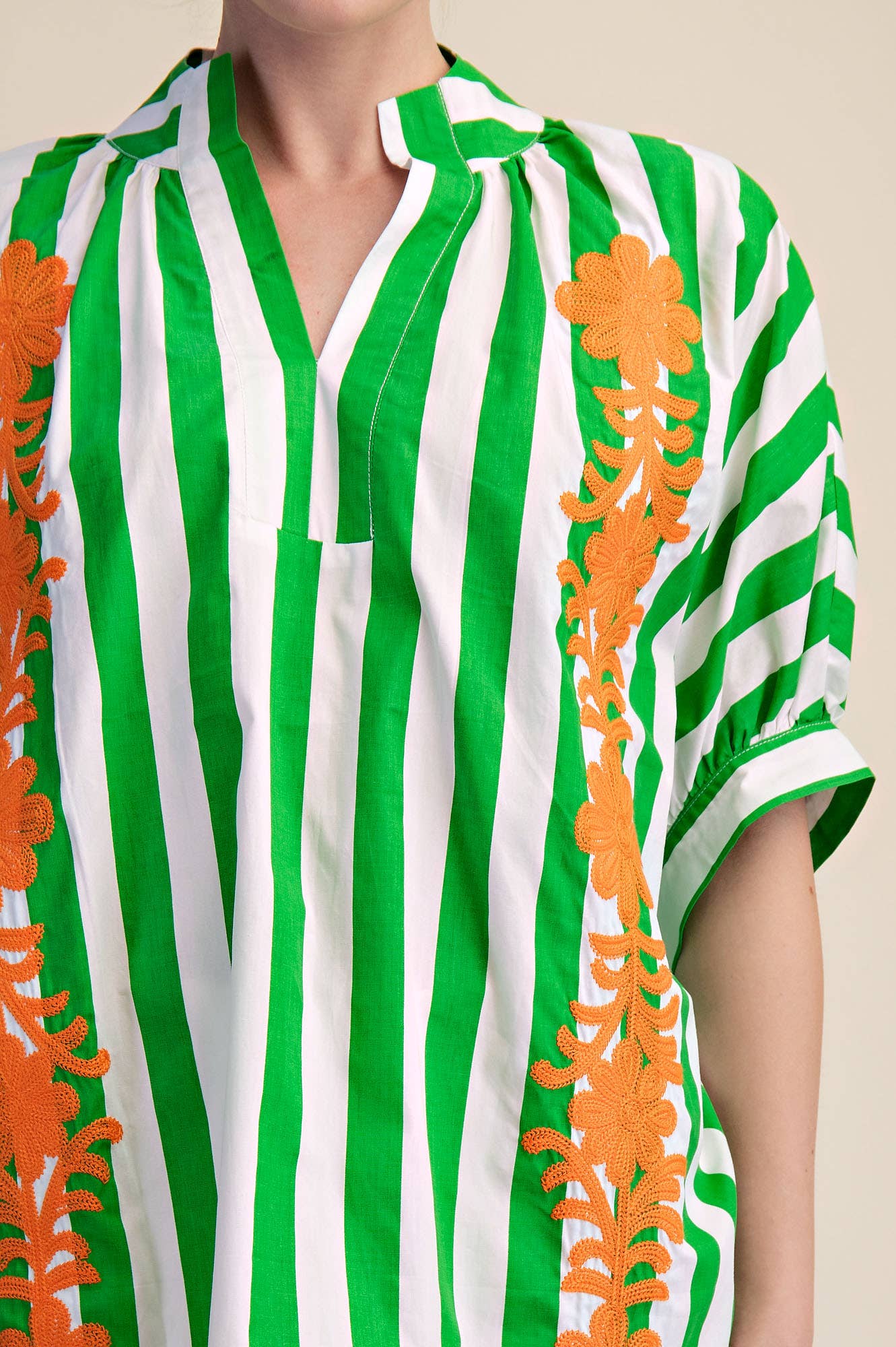 V-Neck Stand Collar Flower Embroidery Oversized Stripe Shirt