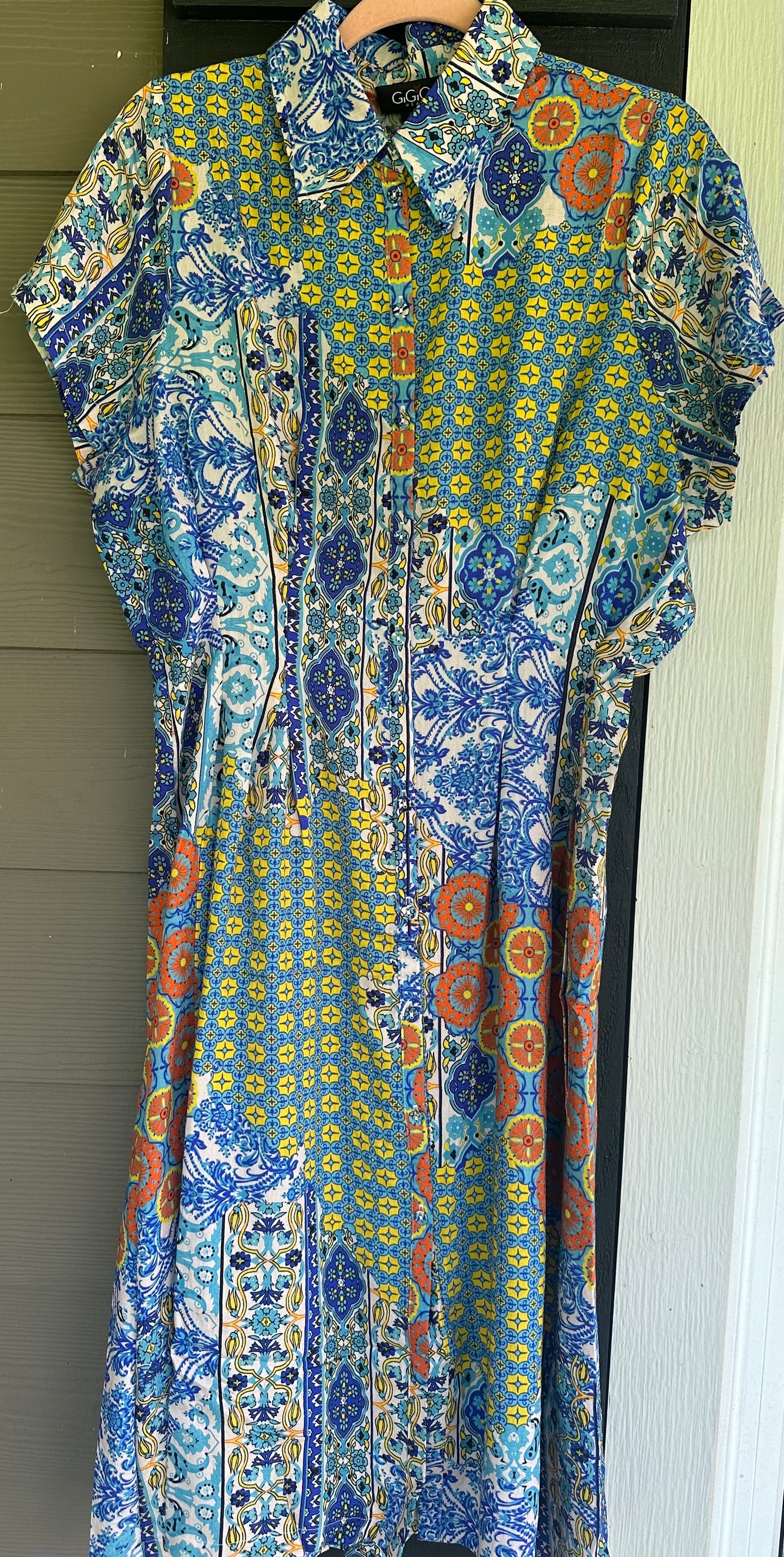Pleated Waist Button Down Midi Shirt Dress with Short Sleeves