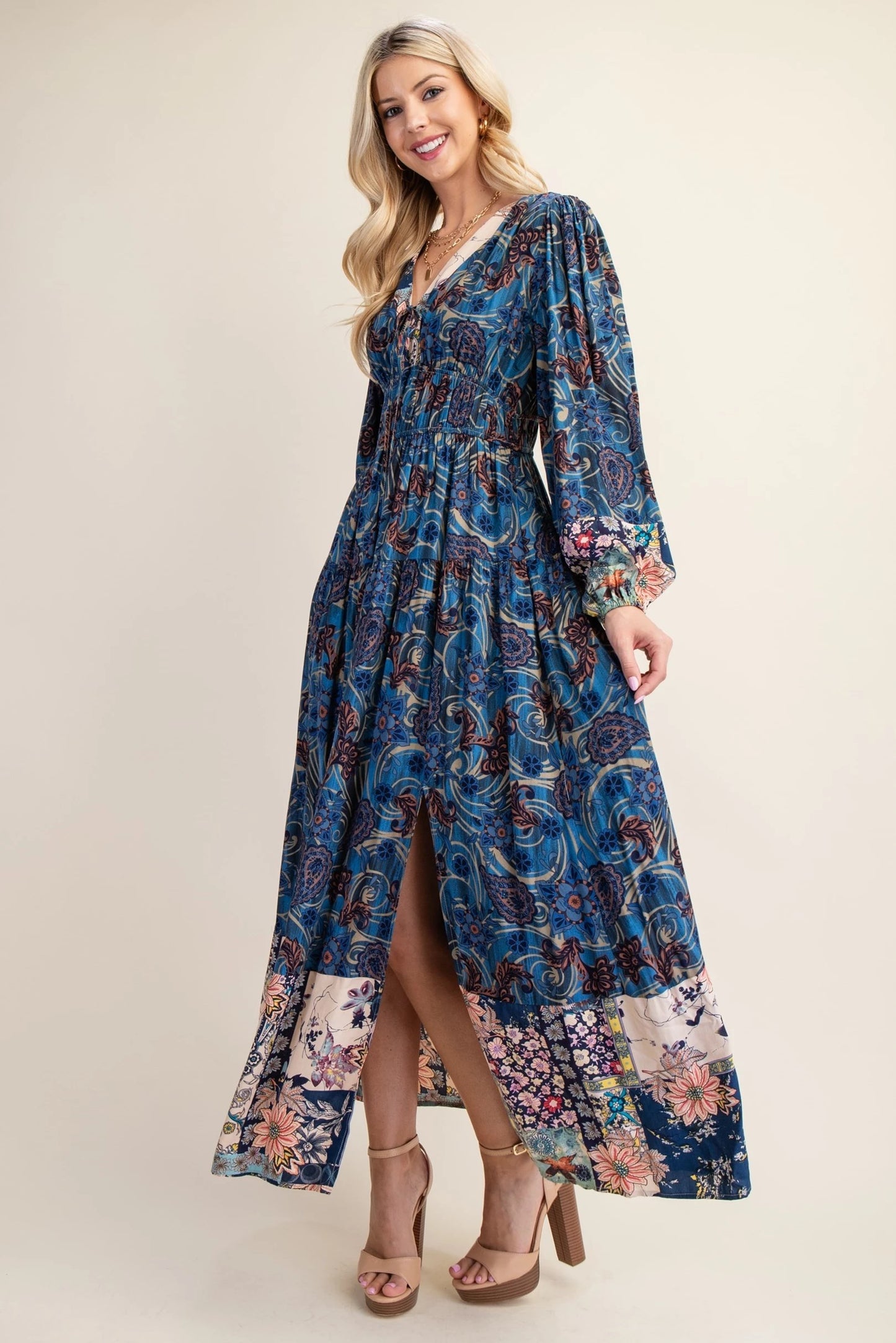 Mixed Print Front Tie Maxi Dress
