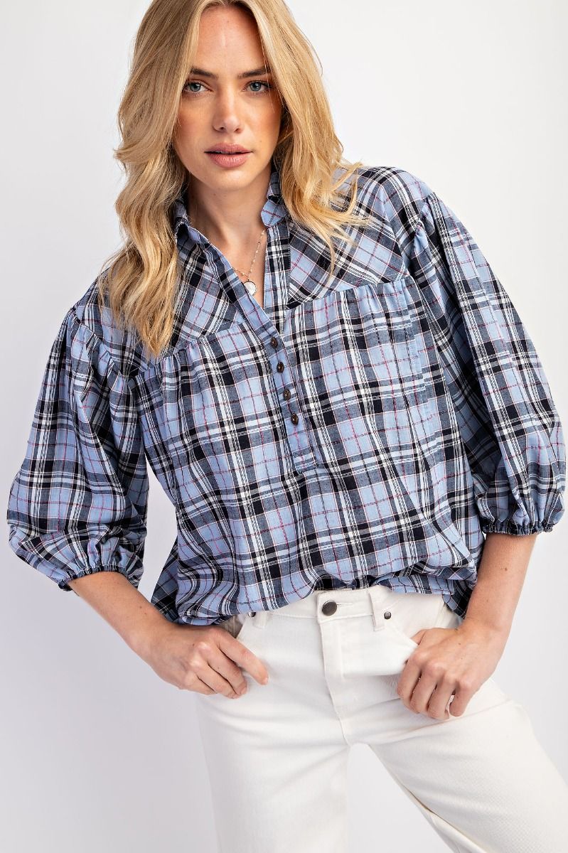 PLAID PRINTED VOILE BOXY SHIRT