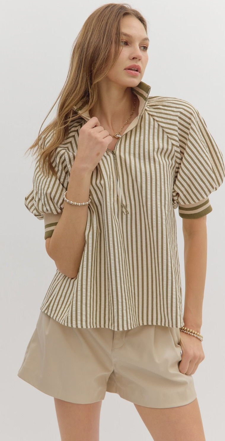 Stripe pattern half-zip closure short puff sleeve top featuring multicolor accent band