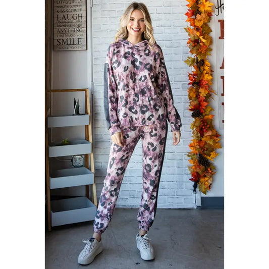 Animal Print Hoodie Top and Sweat Pants Set