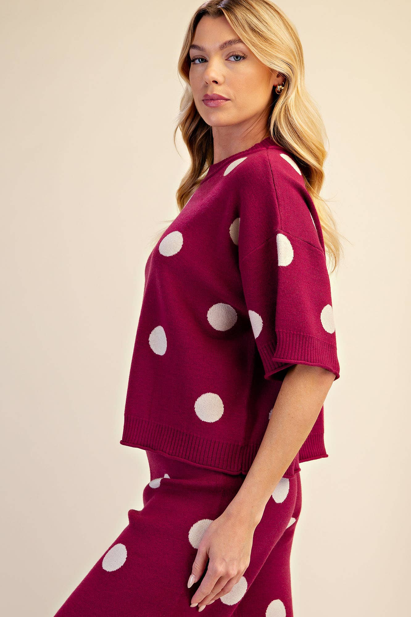Polka Dot Sweater Round Neck Short Sleeve