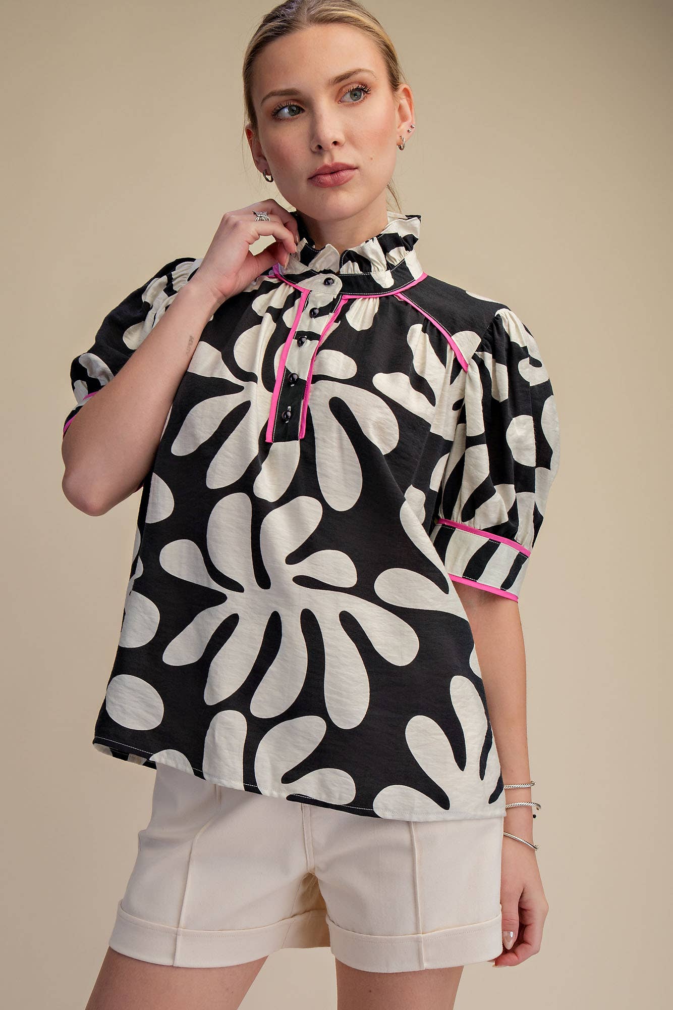 Contrast Detail Shirt Ruffle Neck Puff Sleeve