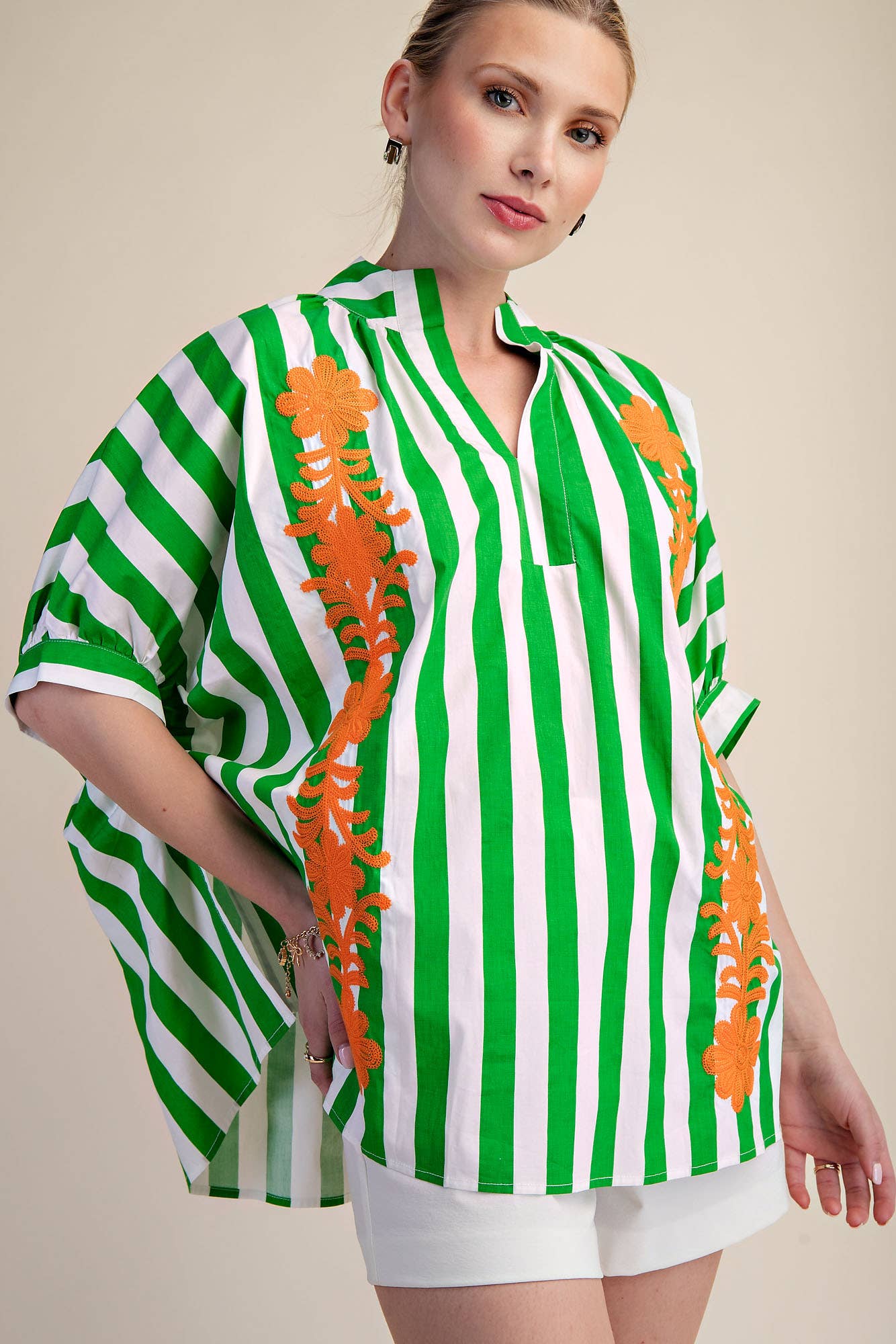 V-Neck Stand Collar Flower Embroidery Oversized Stripe Shirt