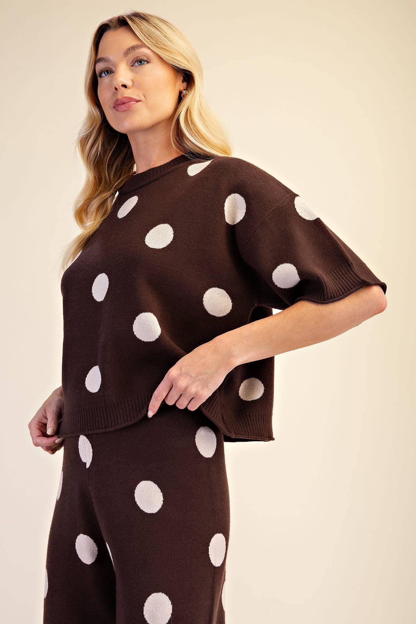 Polka Dot Sweater Round Neck Short Sleeve