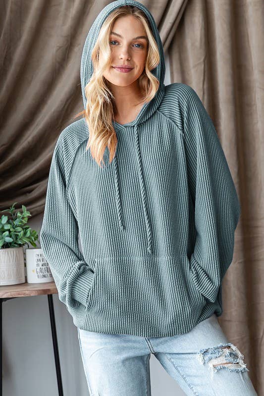 LONG PUFF SLEEVE SOLID URBAN RIBBED HOODIE TOP