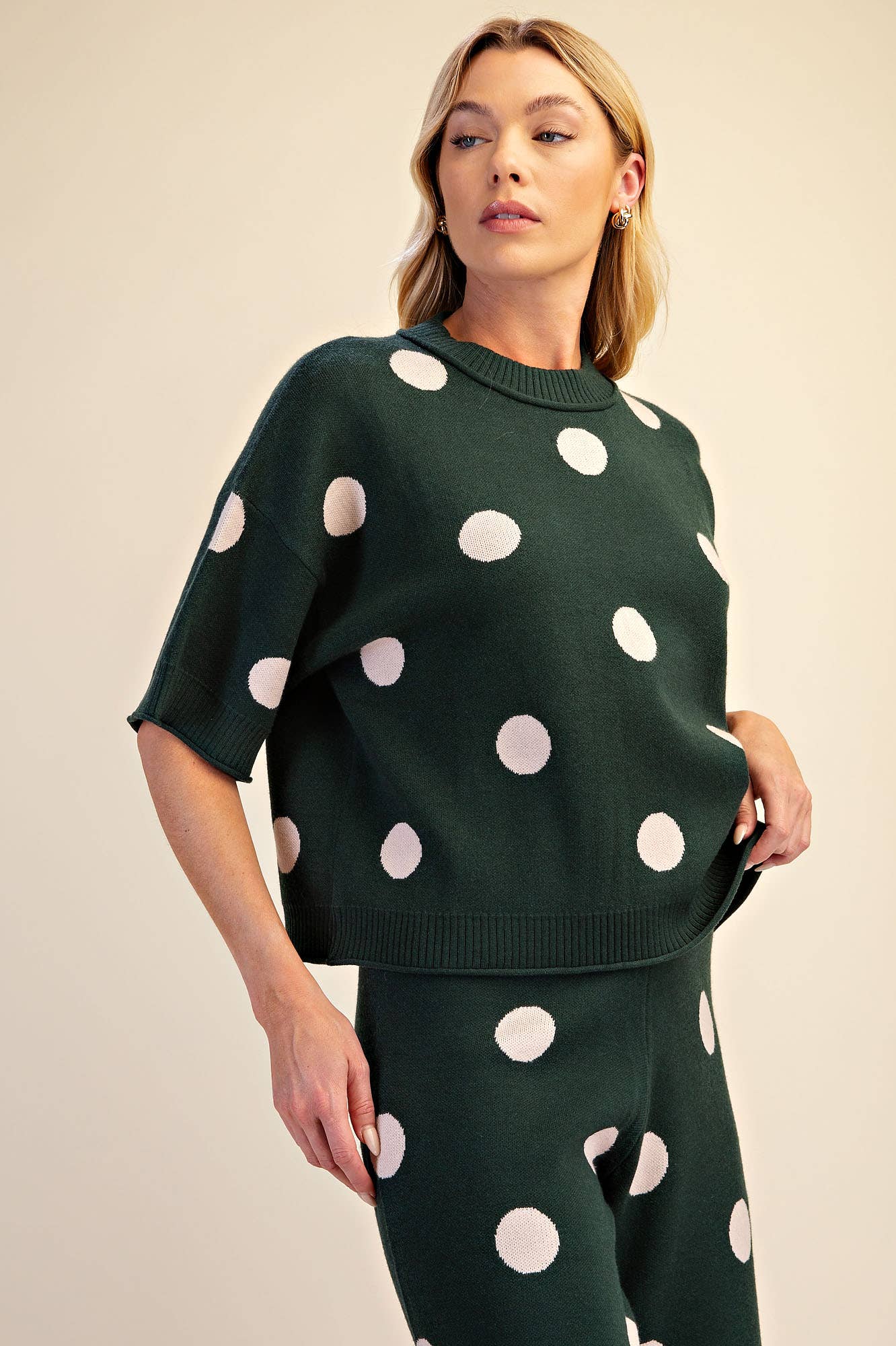 Polka Dot Sweater Round Neck Short Sleeve