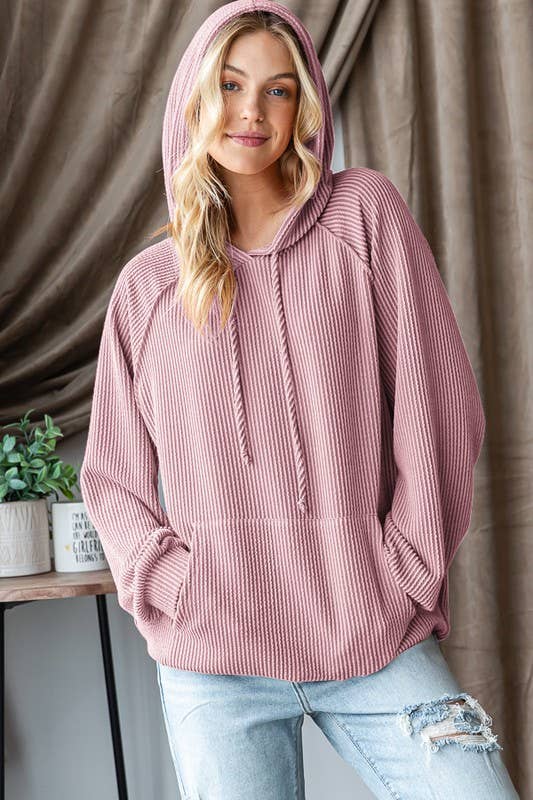 LONG PUFF SLEEVE SOLID URBAN RIBBED HOODIE TOP