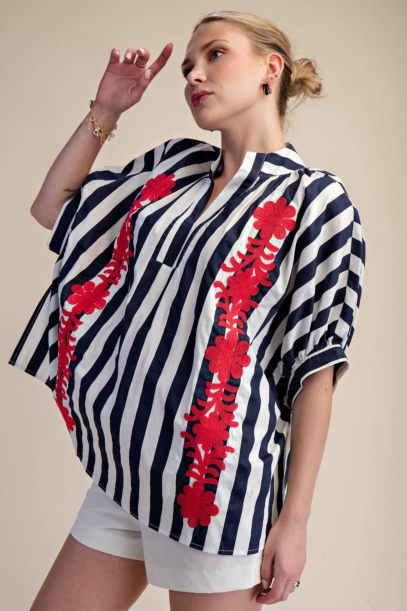 V-Neck Stand Collar Flower Embroidery Oversized Stripe Shirt