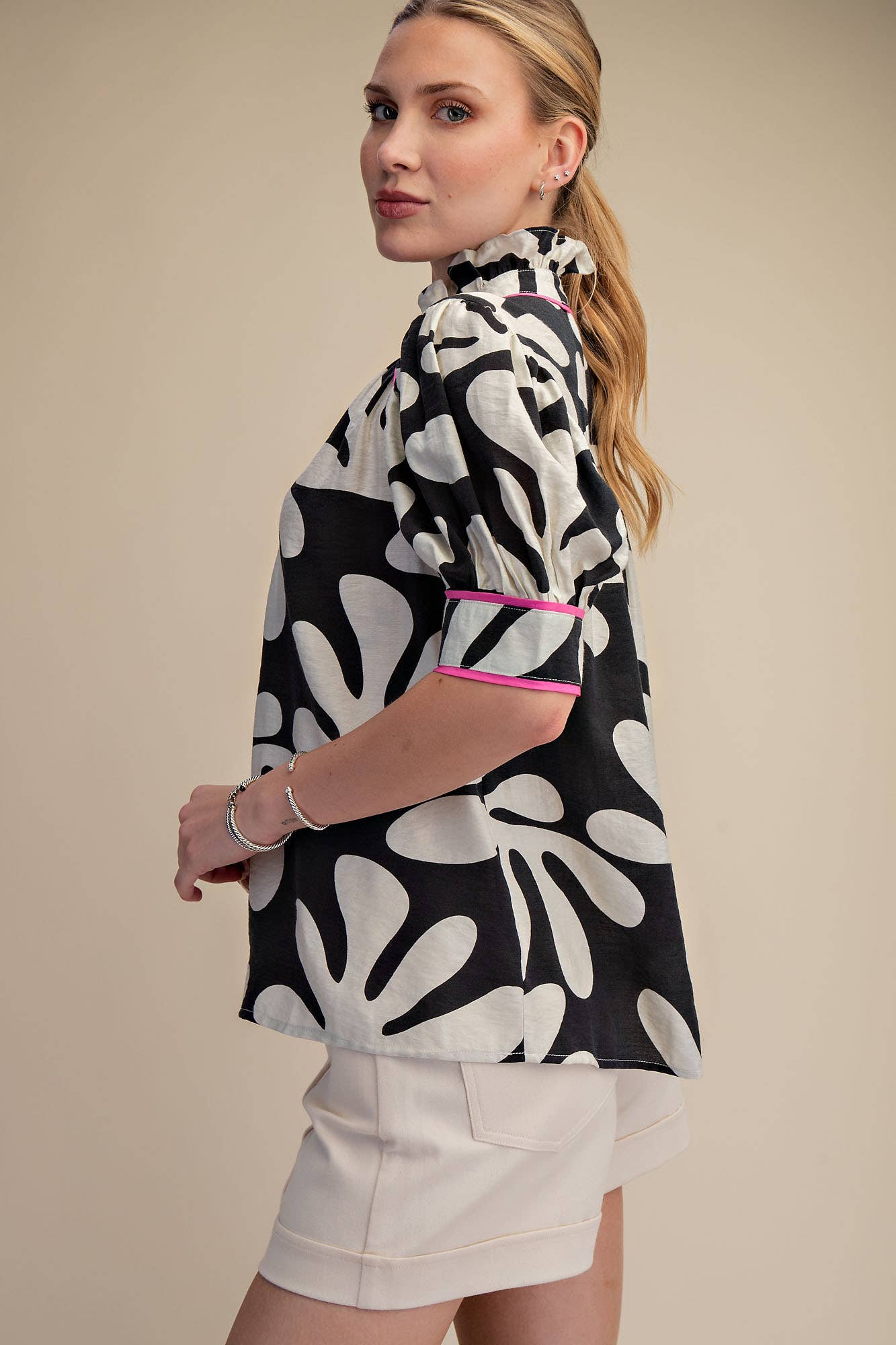 Contrast Detail Shirt Ruffle Neck Puff Sleeve