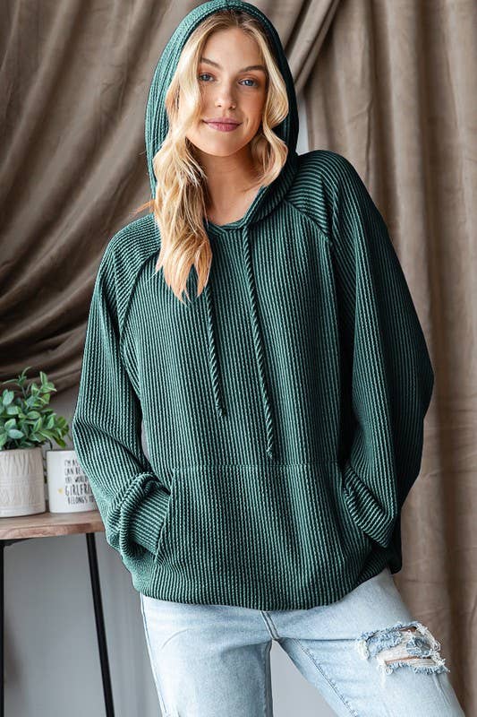 LONG PUFF SLEEVE SOLID URBAN RIBBED HOODIE TOP