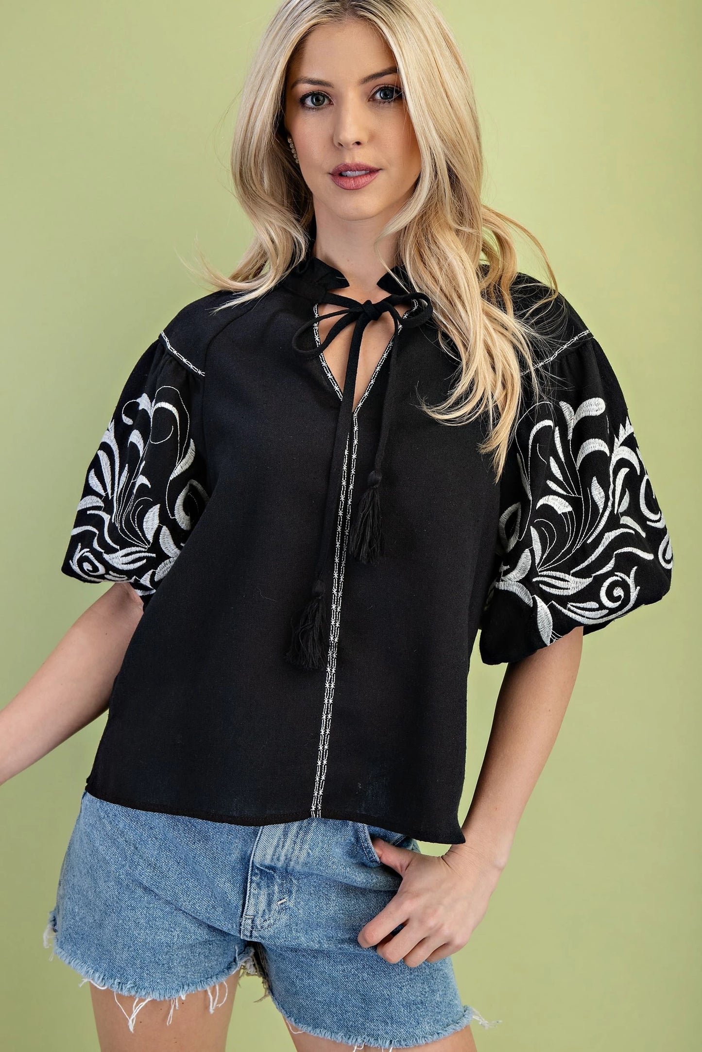 Embroidered Puff Sleeve Blouse with a Tassel Neck Tie