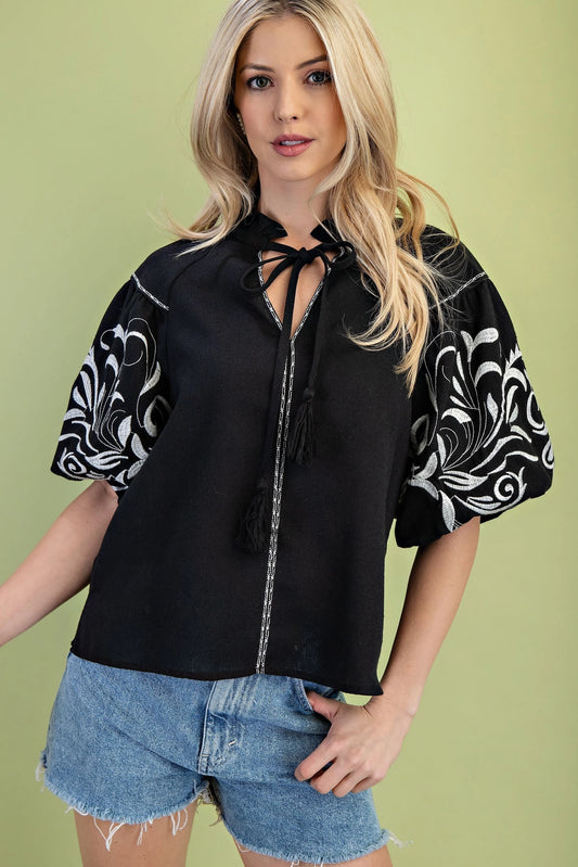 Embroidered Puff Sleeve Blouse with a Tassel Neck Tie