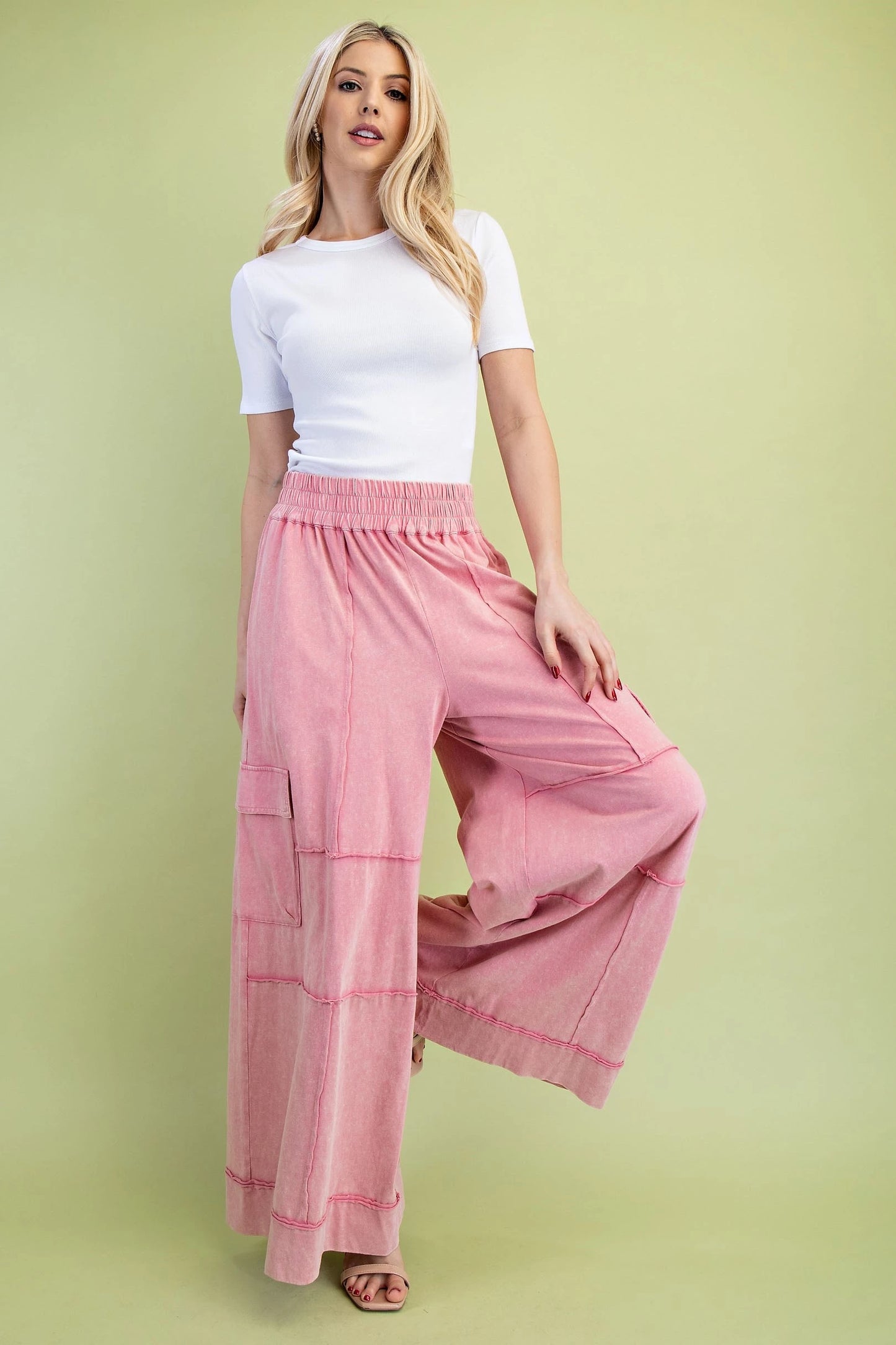 Mineral Washed Wide Leg Pants with Pocket and Exposed Seam Details
