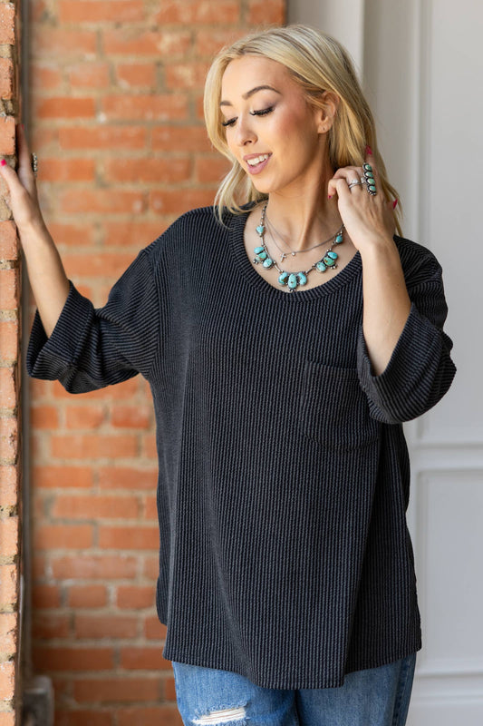 Ribbed 3/4 Sleeve Knit Top