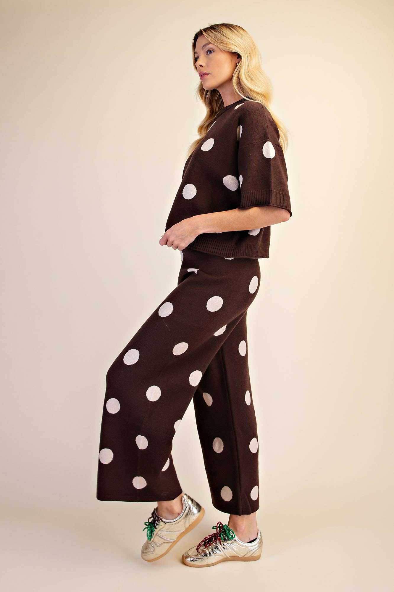 Polka Dot Sweater Round Neck Short Sleeve