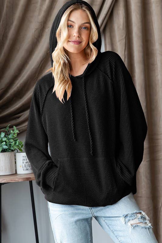 LONG PUFF SLEEVE SOLID URBAN RIBBED HOODIE TOP