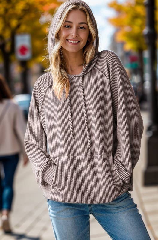 LONG PUFF SLEEVE SOLID URBAN RIBBED HOODIE TOP
