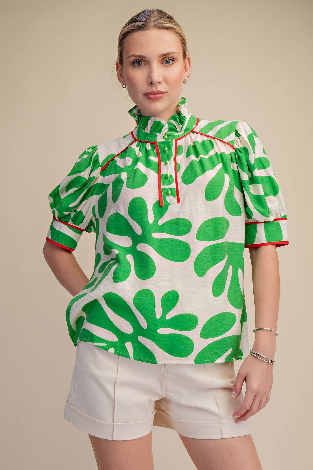 Contrast Detail Shirt Ruffle Neck Puff Sleeve
