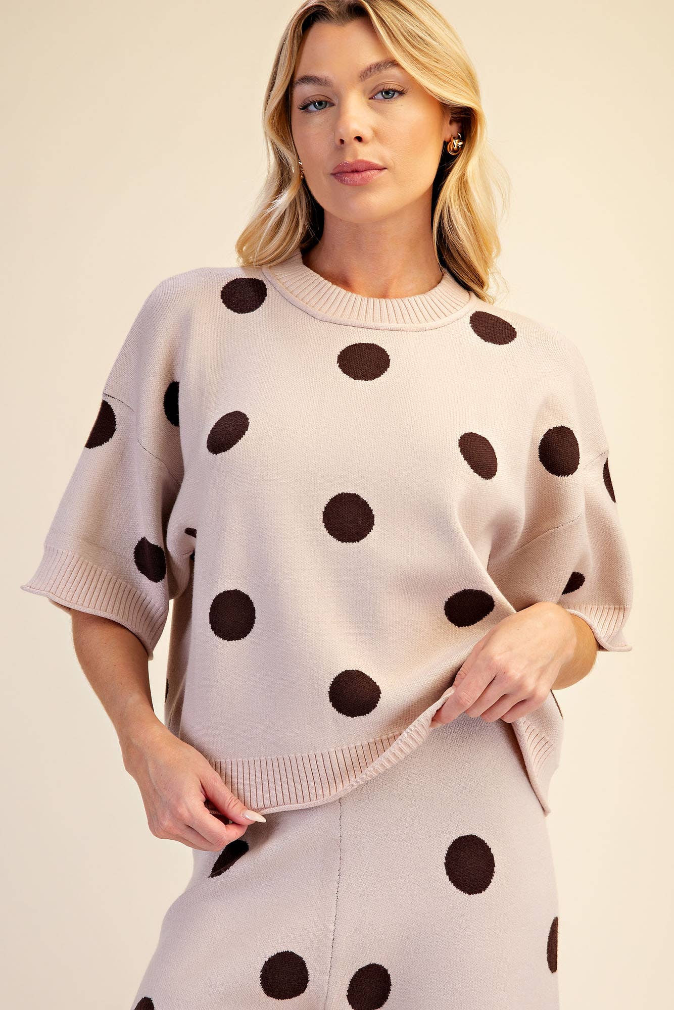Polka Dot Sweater Round Neck Short Sleeve