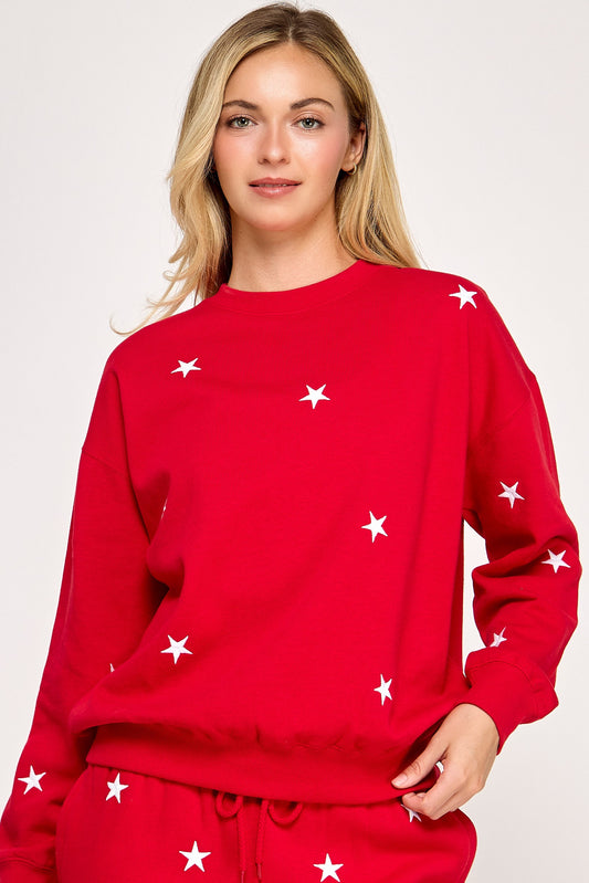 Fleece Crew Neck Sweatshirt With Star Embroidery