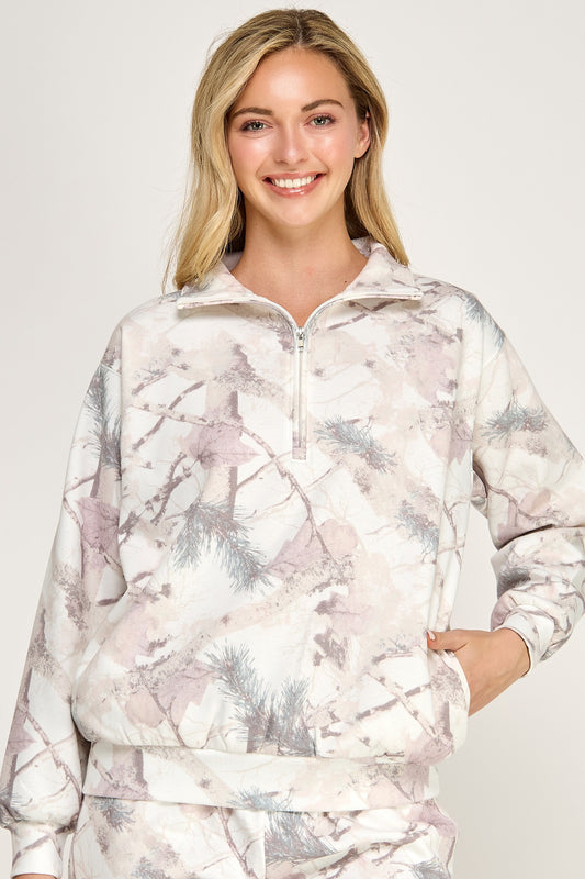 Fleece Camo Half Zip Up With Mock Neck Collar And Barrel Pants