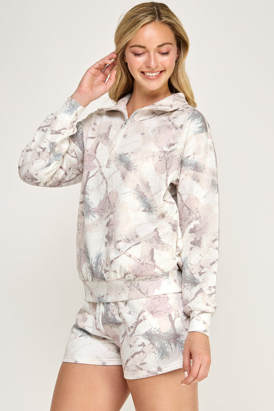 Fleece Camo Half Zip Up With Mock Neck Collar And Shorts Set