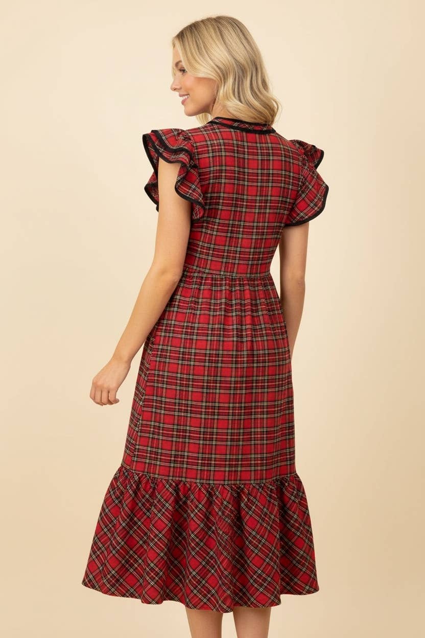 Plaid Ruffle Sleeve Tiered Midi Dress