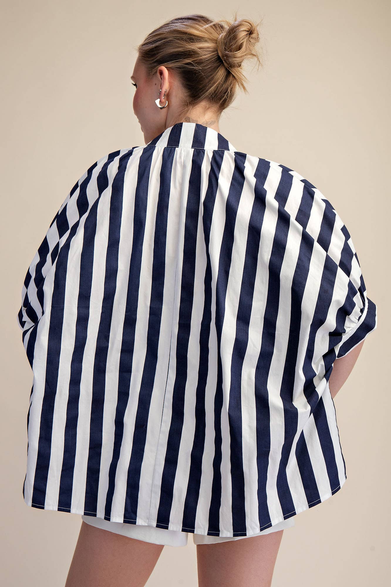 V-Neck Stand Collar Flower Embroidery Oversized Stripe Shirt