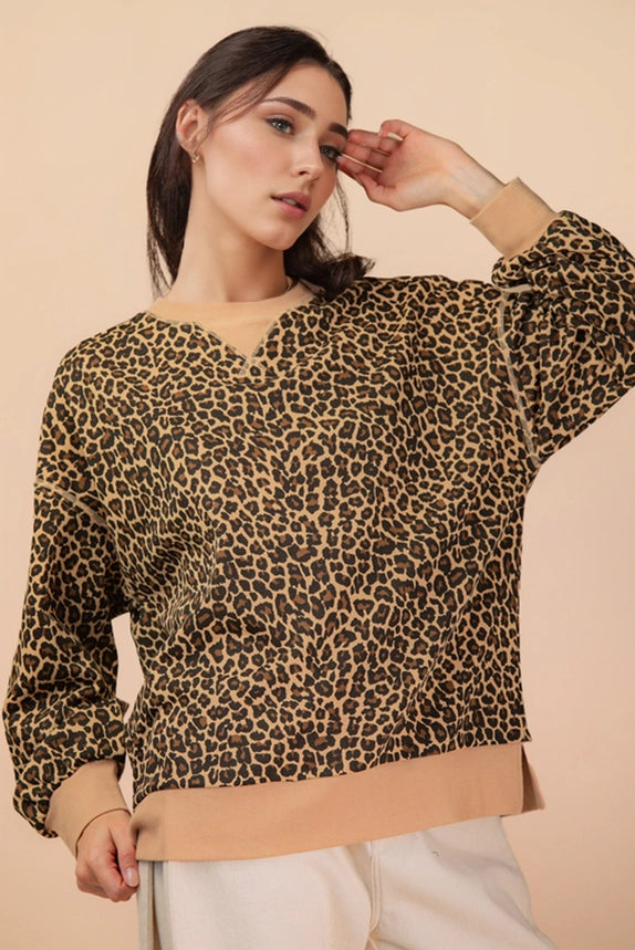 Leopard & Camo Printed Knit Casual Top