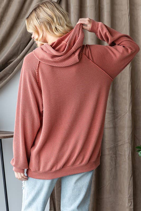 LONG PUFF SLEEVE SOLID URBAN RIBBED HOODIE TOP