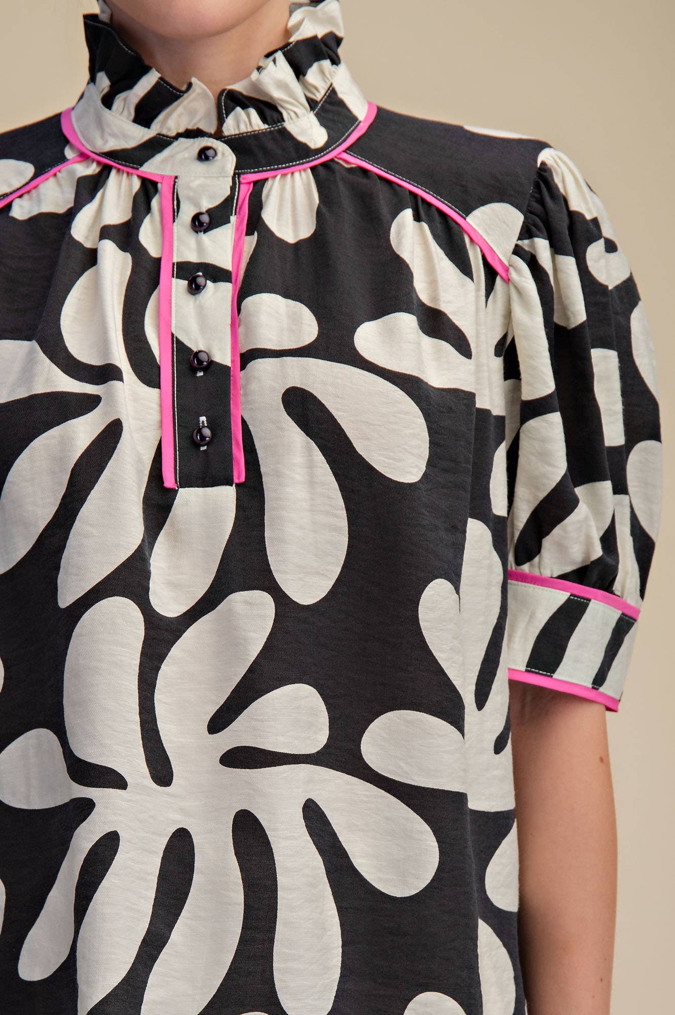 Contrast Detail Shirt Ruffle Neck Puff Sleeve