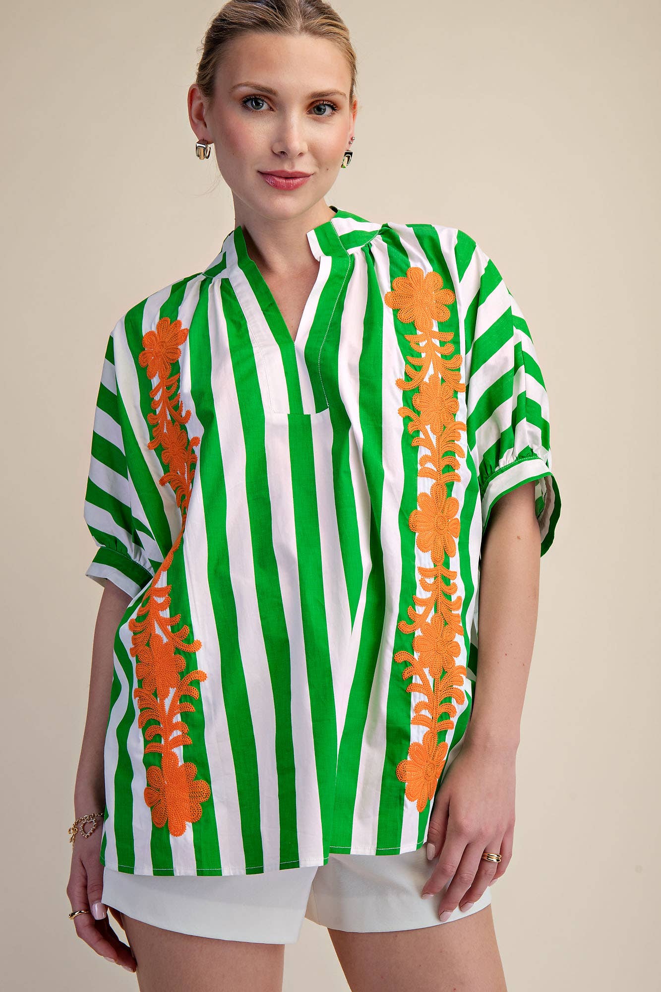 V-Neck Stand Collar Flower Embroidery Oversized Stripe Shirt