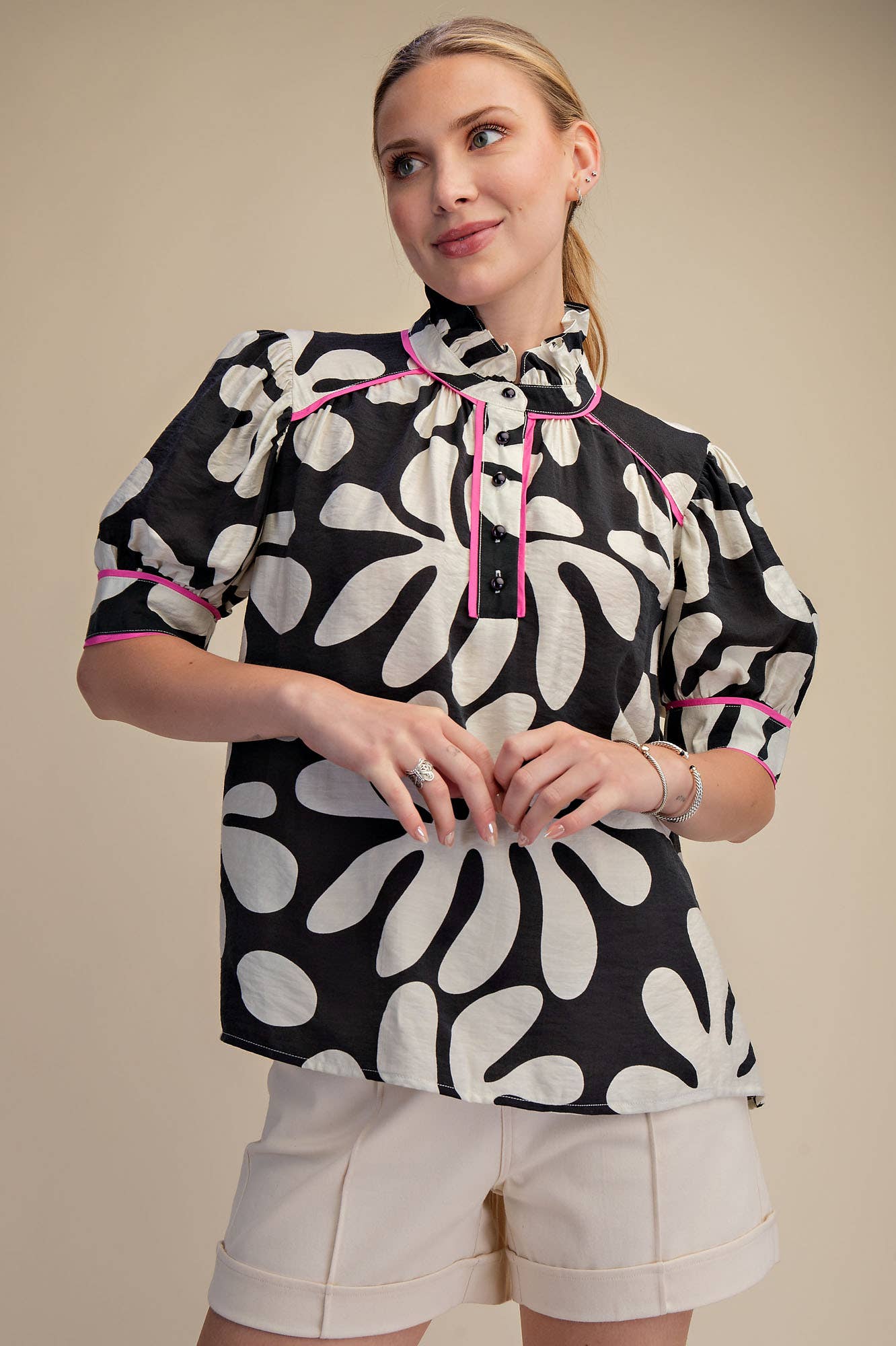 Contrast Detail Shirt Ruffle Neck Puff Sleeve
