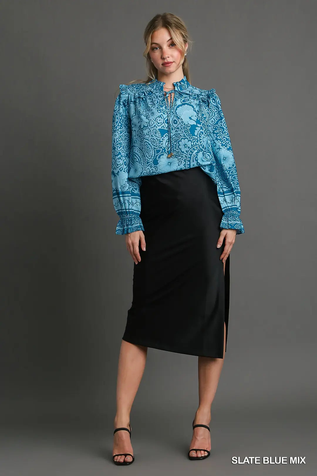UMGEE Two Tone Floral & Border Print Mix Top with Ruffles