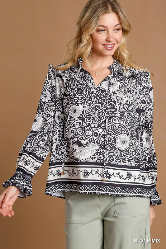 UMGEE Two Tone Floral & Border Print Mix Top with Ruffles