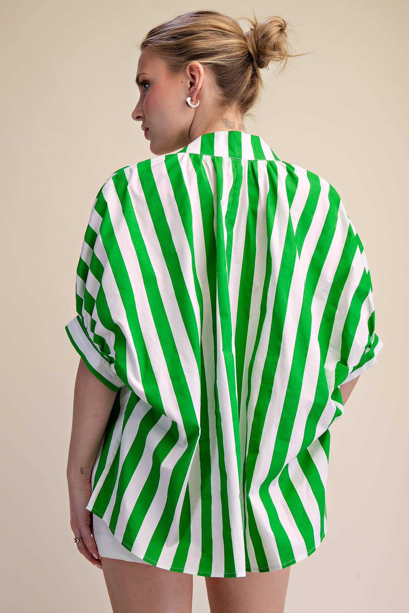V-Neck Stand Collar Flower Embroidery Oversized Stripe Shirt