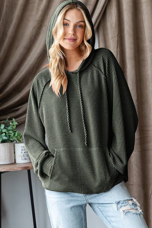 LONG PUFF SLEEVE SOLID URBAN RIBBED HOODIE TOP