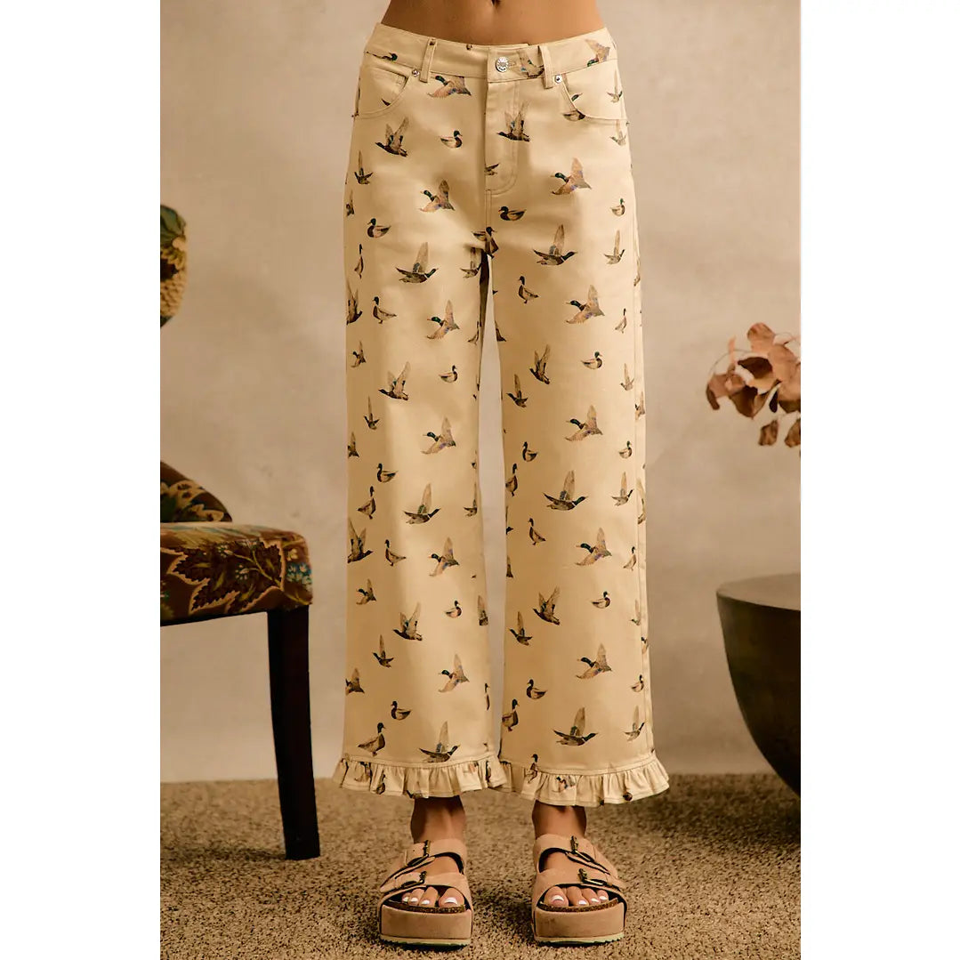 Mallard Duck Print Ruffle Leg Pants