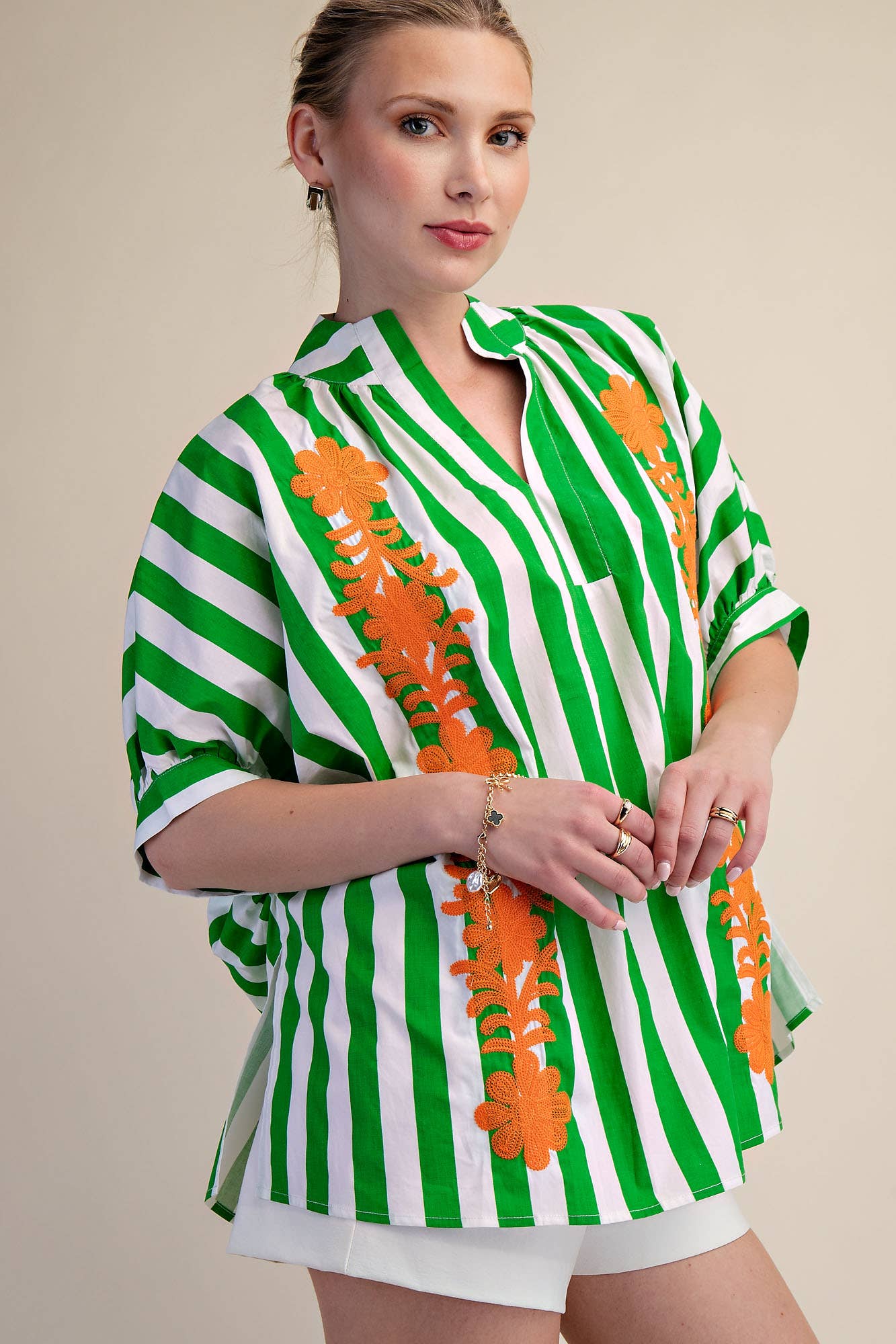 V-Neck Stand Collar Flower Embroidery Oversized Stripe Shirt