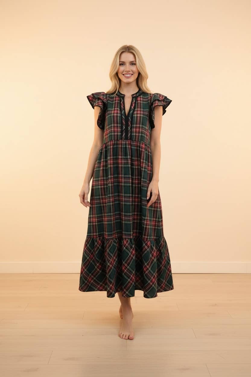 Plaid Ruffle Sleeve Tiered Midi Dress