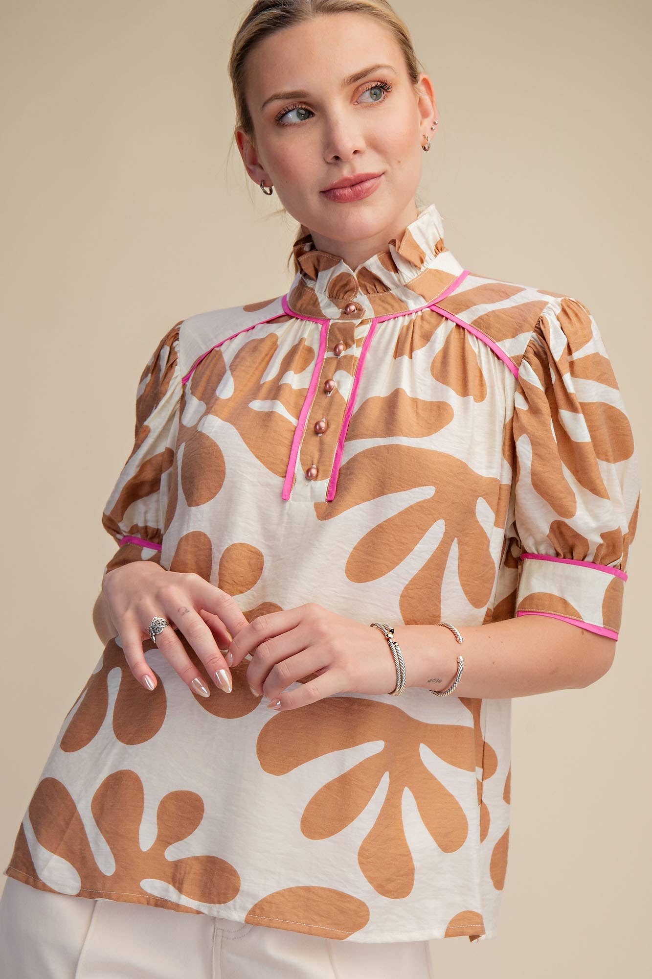Contrast Detail Shirt Ruffle Neck Puff Sleeve