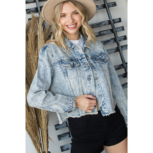 Stripe Rhinestone Distressed Color Denim Jacket