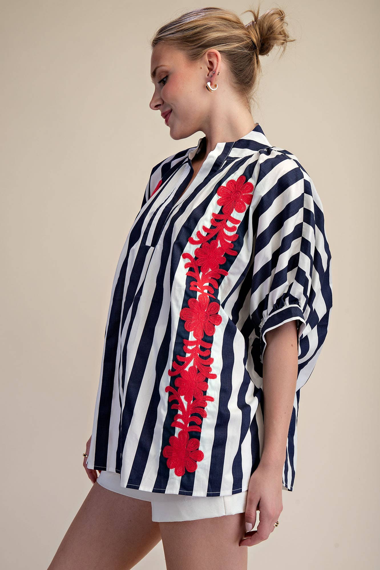 V-Neck Stand Collar Flower Embroidery Oversized Stripe Shirt
