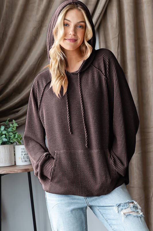 LONG PUFF SLEEVE SOLID URBAN RIBBED HOODIE TOP
