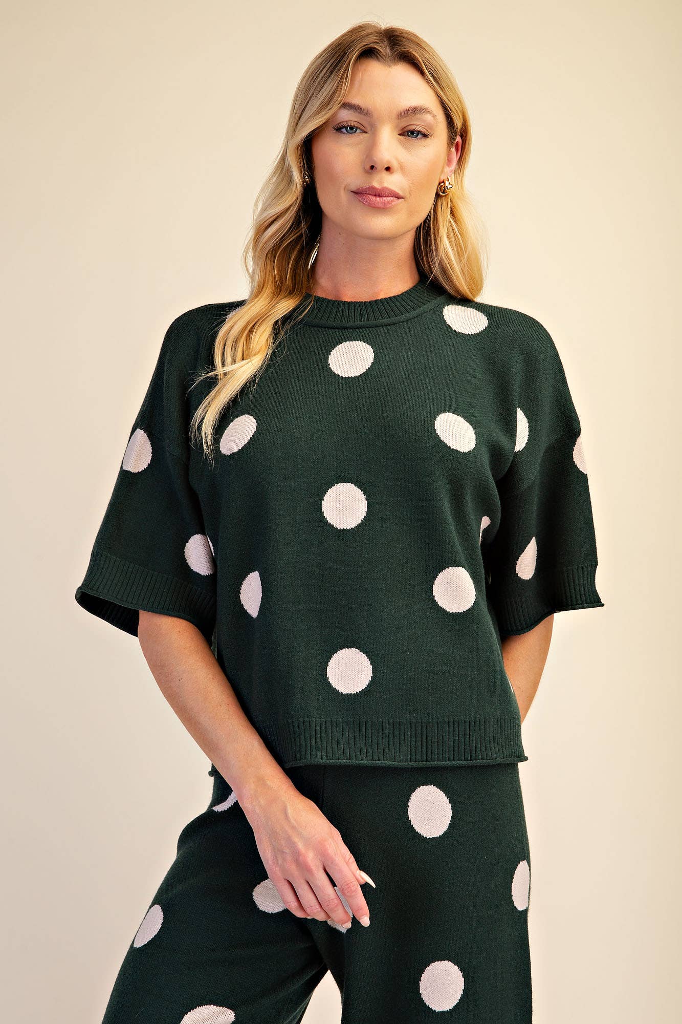 Polka Dot Sweater Round Neck Short Sleeve